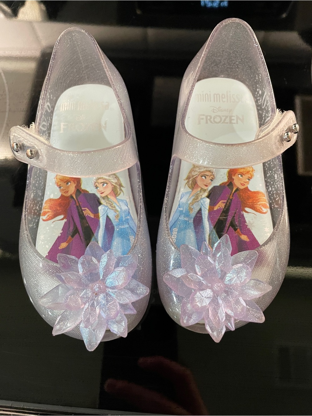 Mini Melissa Glitter Pink Jelly Mary Janes with Frozen Flower Accent